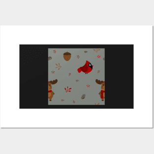 Moose and Cardinal Woodland Pattern Posters and Art